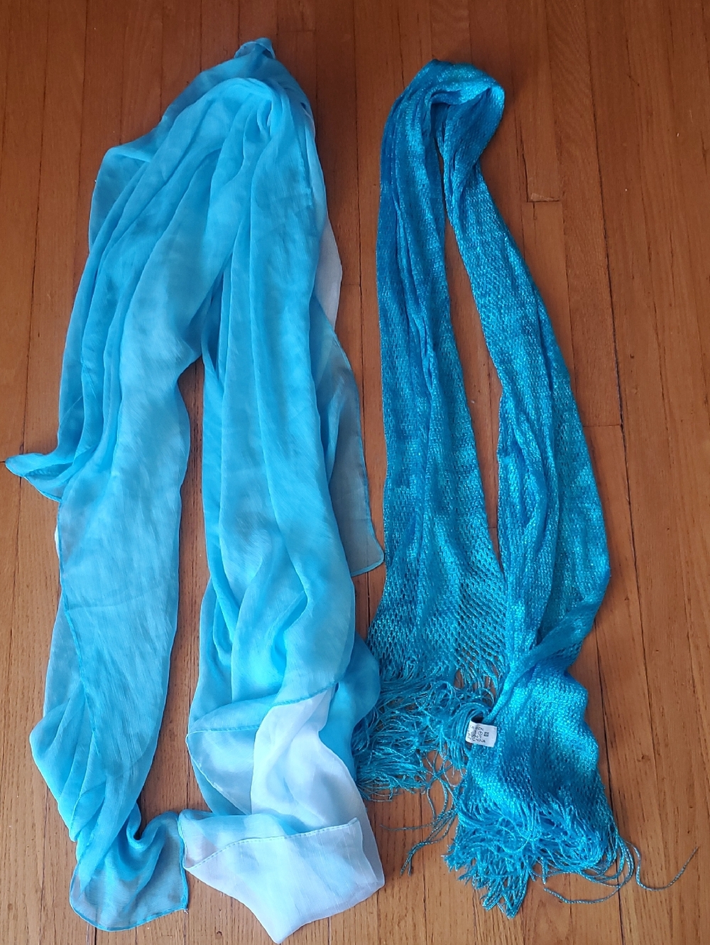 Two Light Blue Sheer Scarf & Teal Knit Fringe Scarf - Set